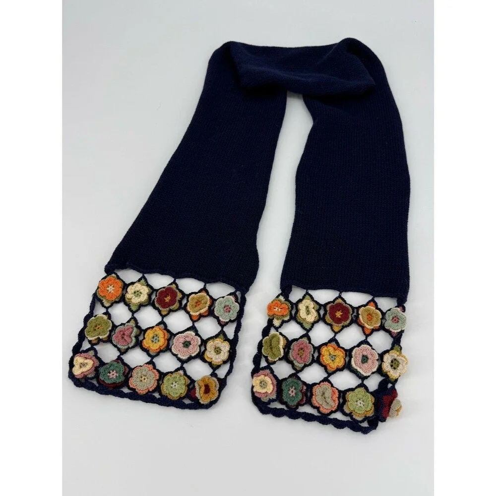 BHcrafts Crochet Flower Knit Scarf | Navy | One Size